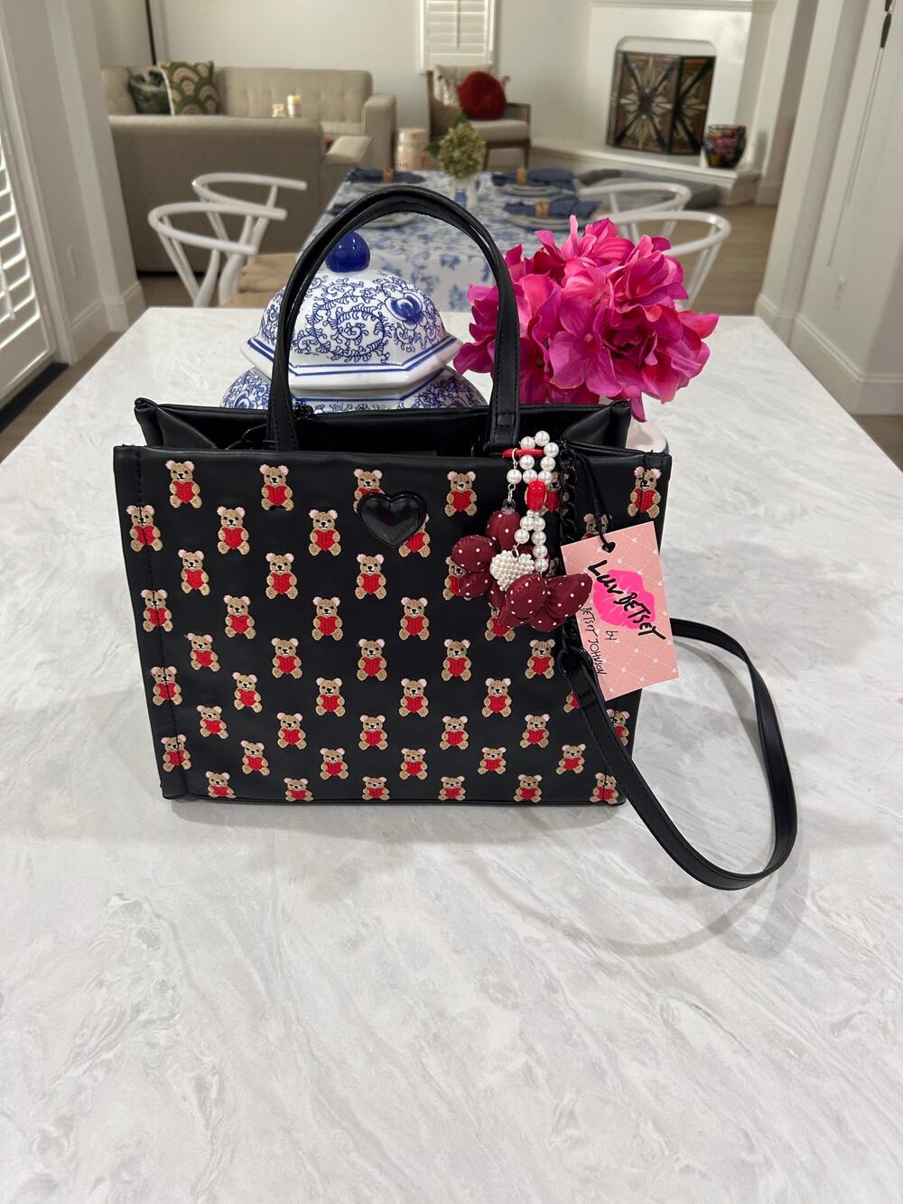 NWT Betsey Johnson, embroidered floral bears tote bag with heart embellishments